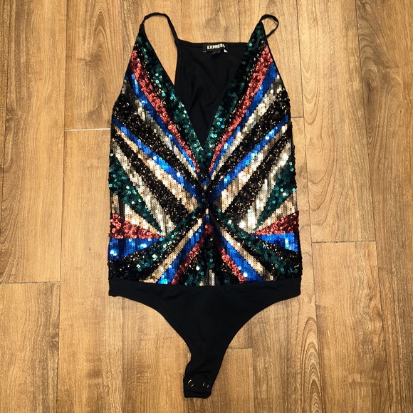 Express Tops - Express Low Cut Sequin Thong Bodysuit | Small